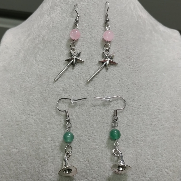 Gemstone Witch Hat Earrings Rose Quartz Aventurine Wand Earrings Stainless-Steel - Picture 1 of 9